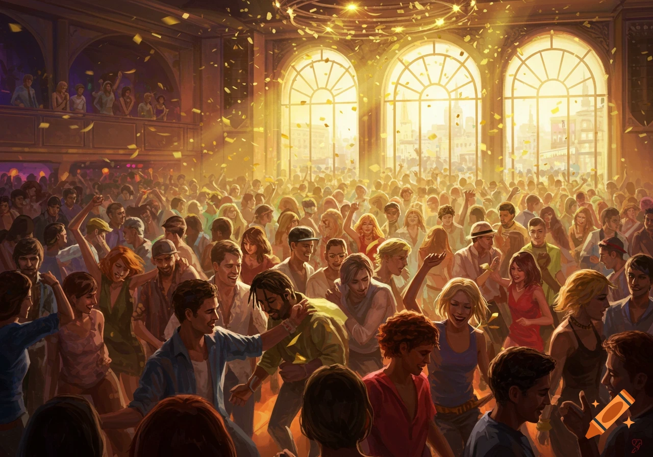 A large crowd of people dancing in a bright club with sunlight streaming through windows and gold confetti falling.
