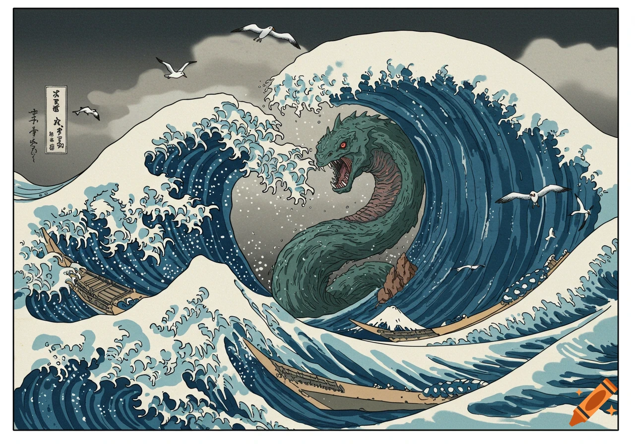 A green sea monster emerges from a large stylized wave, with boats and seagulls, in the style of The Great Wave off Kanagawa.