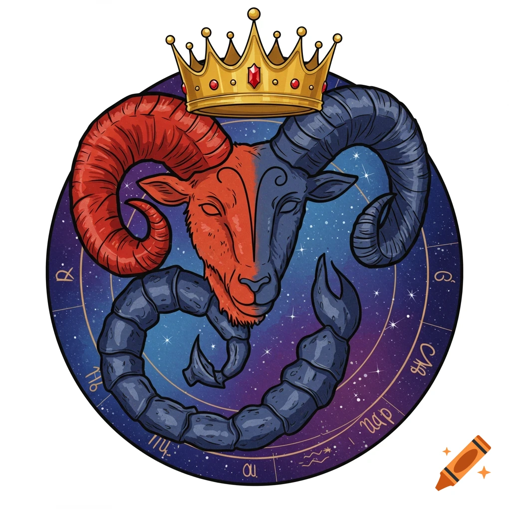 Illustration of a creature combining a red ram's head and a blue scorpion's body, wearing a golden crown, against a cosmic background.