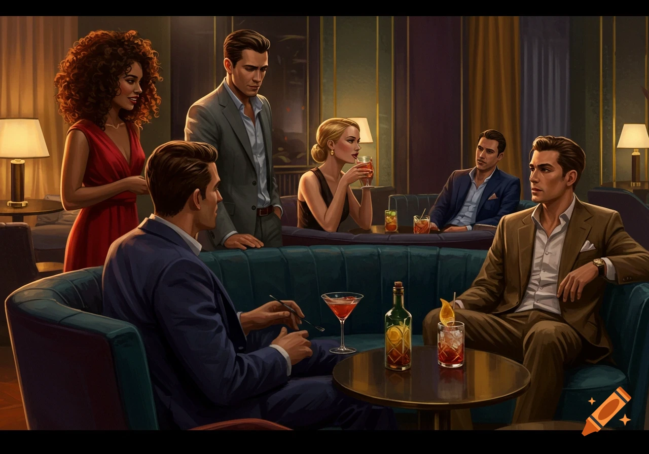 People socialize and drink cocktails in a stylish lounge.