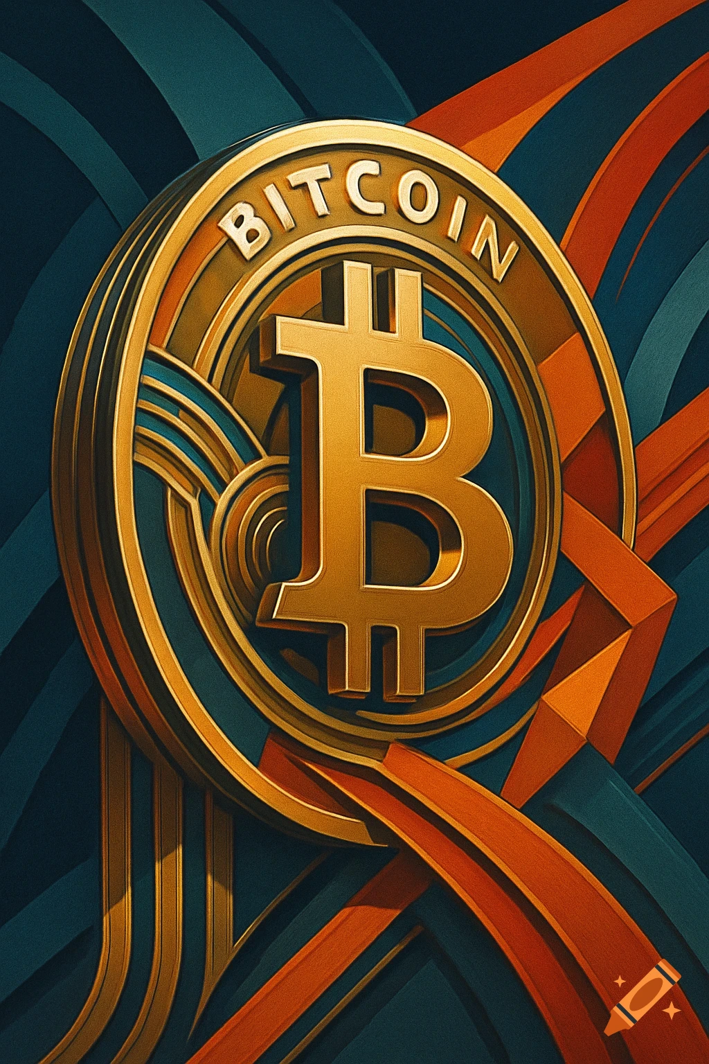 Golden Bitcoin logo in art deco graphic style with teal and orange lines on  Craiyon