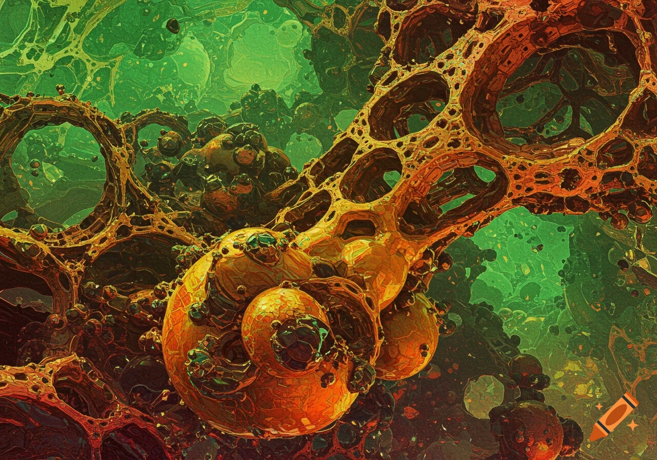 Abstract fractal structure with orange, brown, and green colors.