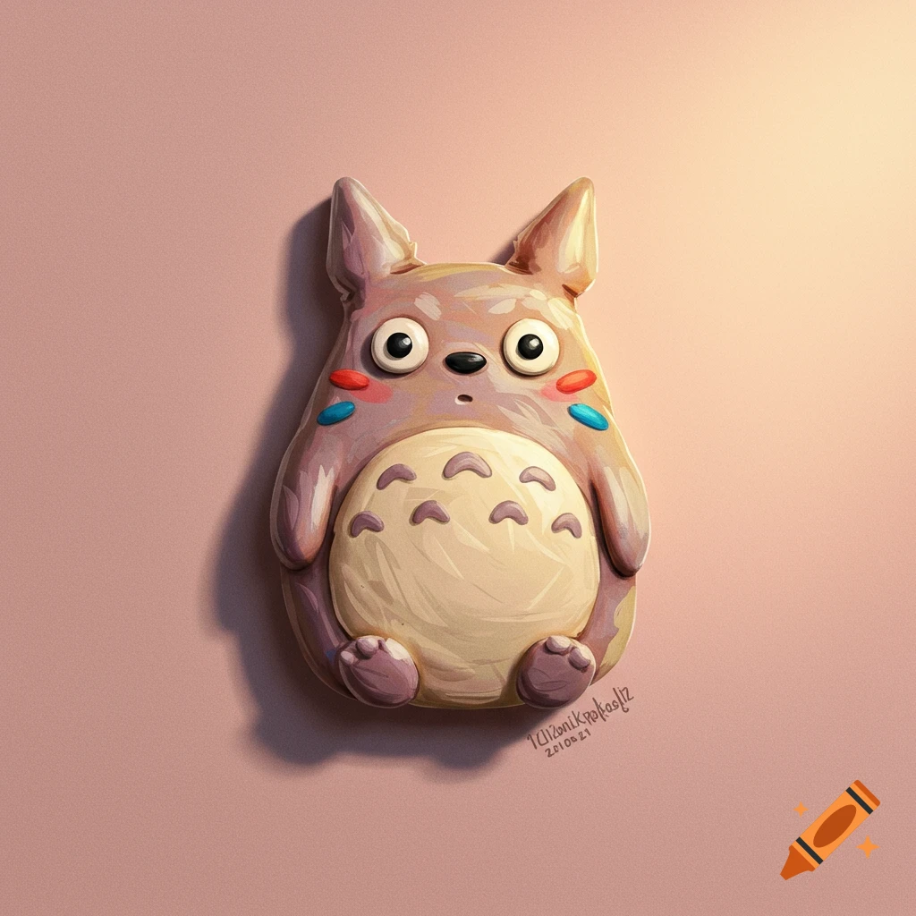 A cute, stylized clay sculpture of a creature resembling Totoro, lit from the side.