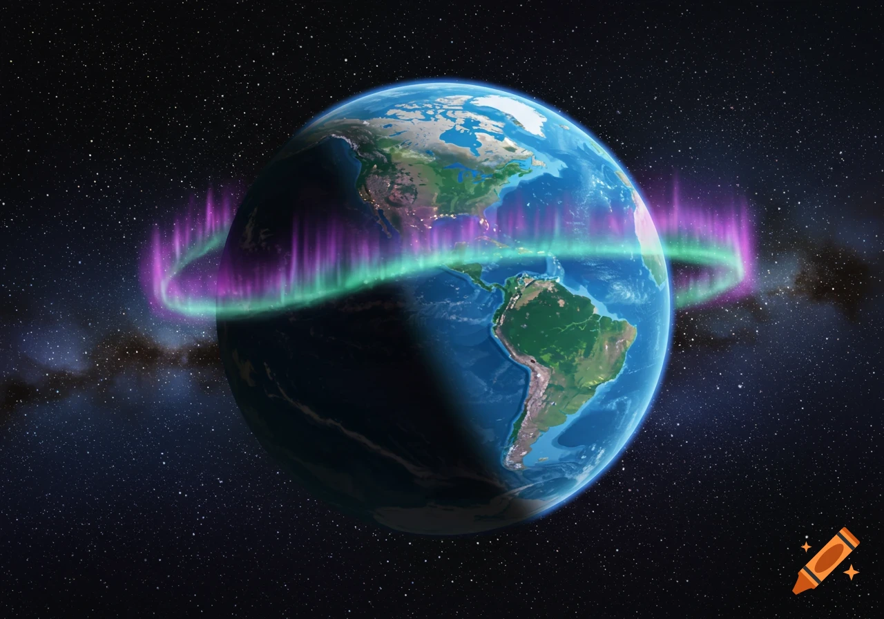 Earth viewed from space with a green and purple aurora ring around it against a starry background.
