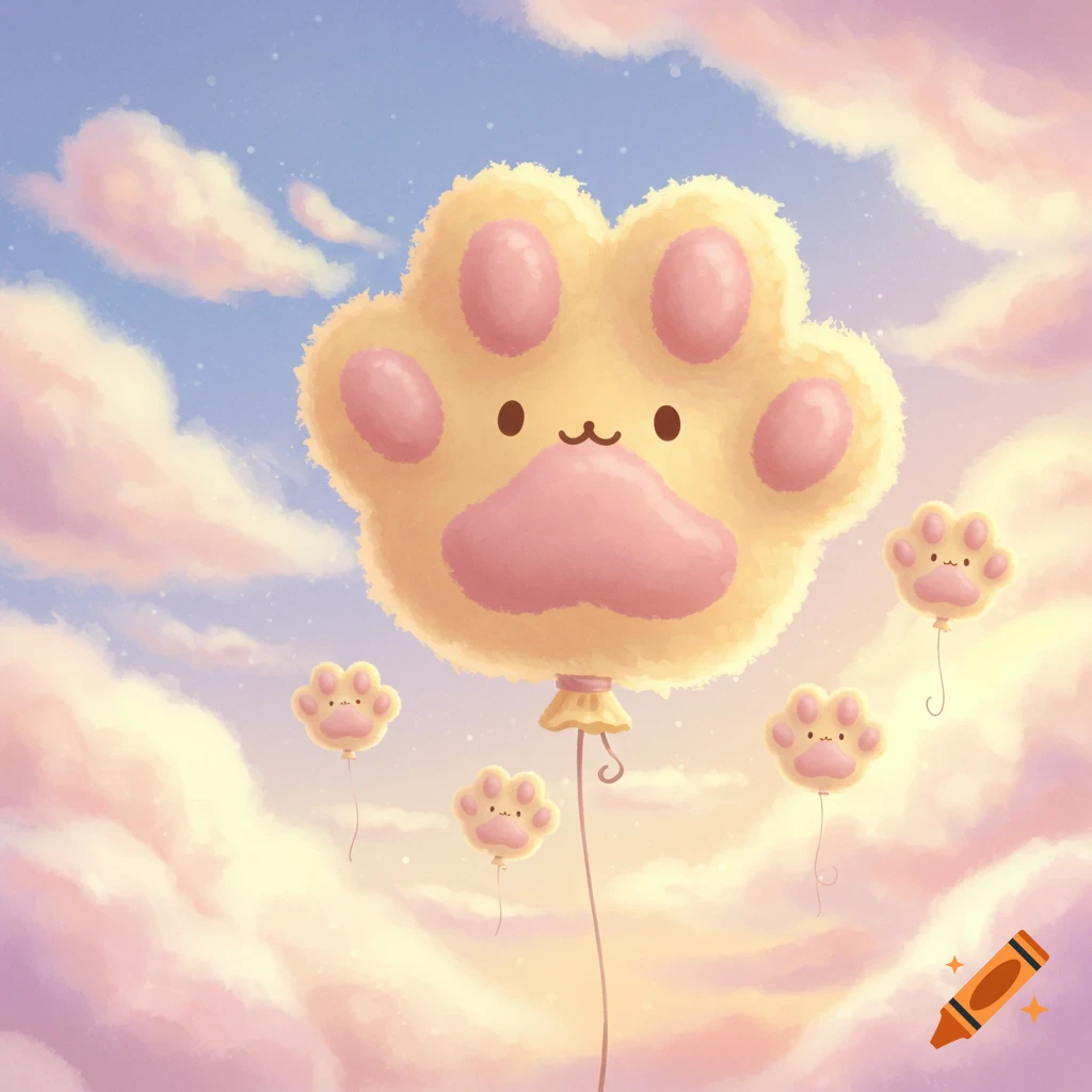 Cute cat paw balloons floating in a cloudy sky