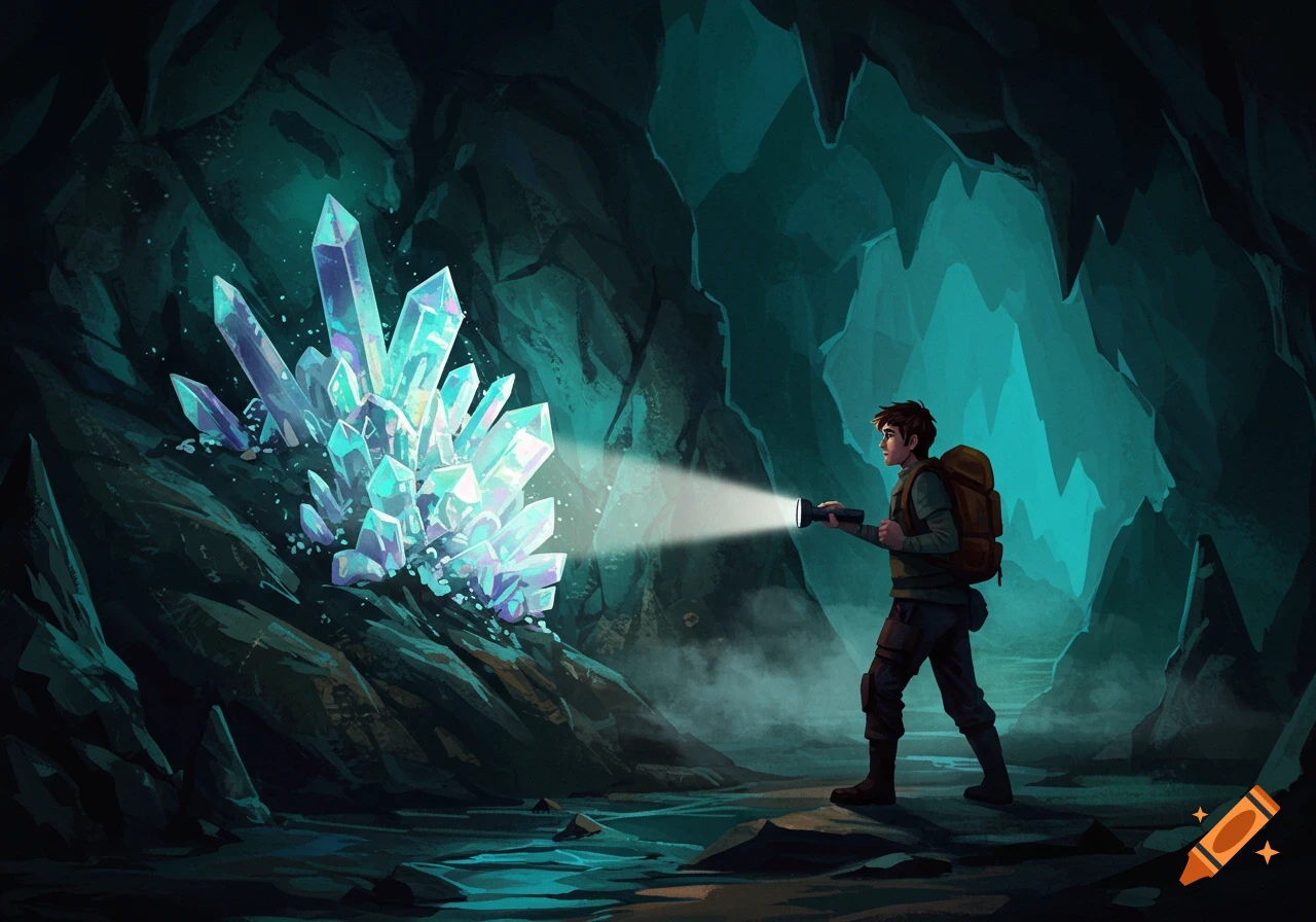 An explorer shines a flashlight on giant glowing crystals inside a dark cave.