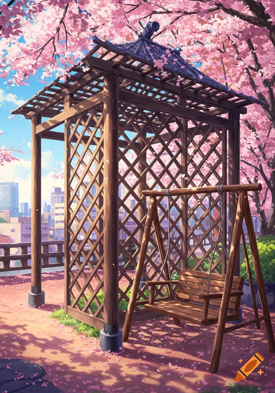 An anime illustration of a wooden trellis with a swing set in a park under pink cherry blossoms, with a city skyline in the background.