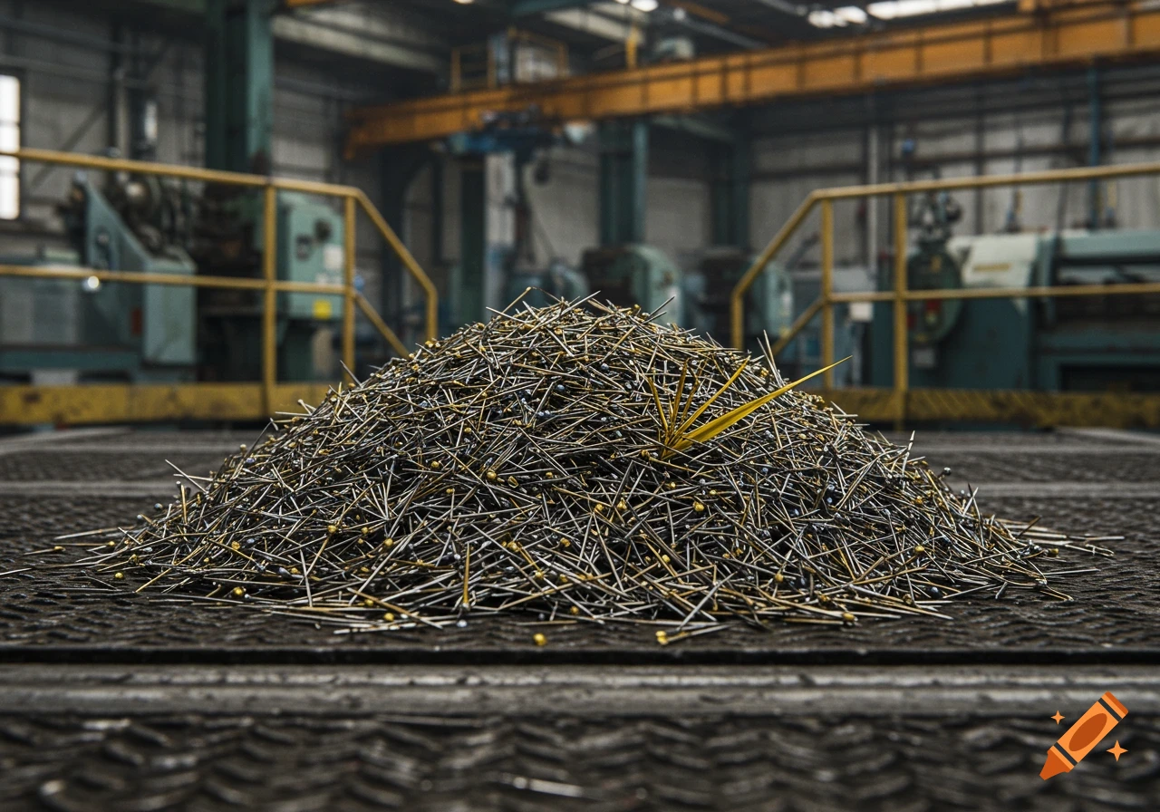 A large pile of metal sewing needles and pins on a steel floor in an industrial factory with a single golden blade of grass.