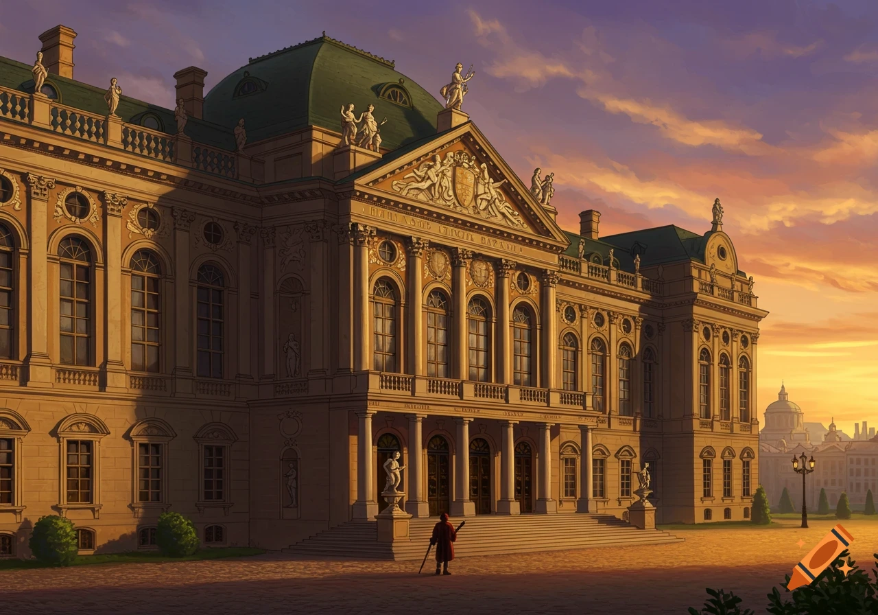 An illustrative depiction of a baroque palace facade at sunset, with a figure standing in the courtyard.