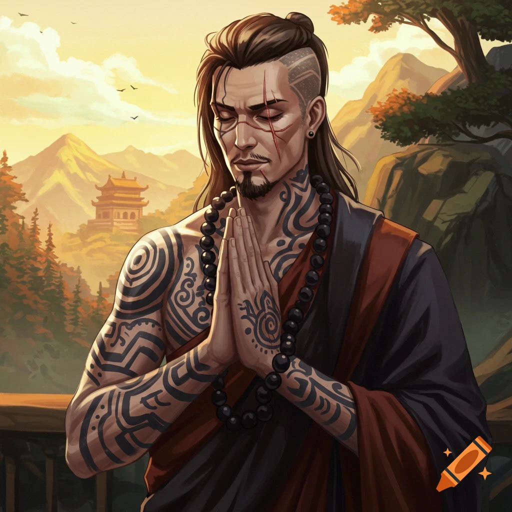 Tattooed man with a face scar meditating in monastic robes in a mountain landscape with a temple, anime style.