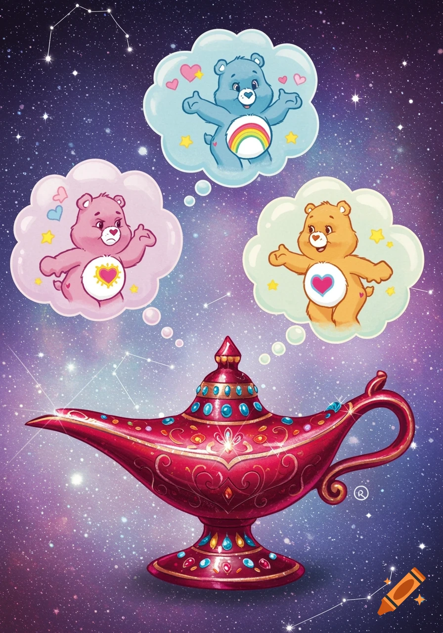 A red genie lamp sits in starry space with thought bubbles showing pink, blue, and orange Care Bears