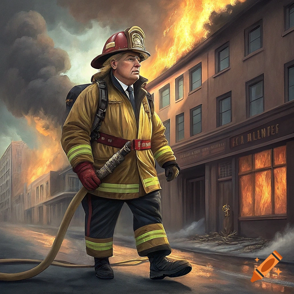 Illustration of Donald Trump as a fireman holding a hose in front of a burning building.