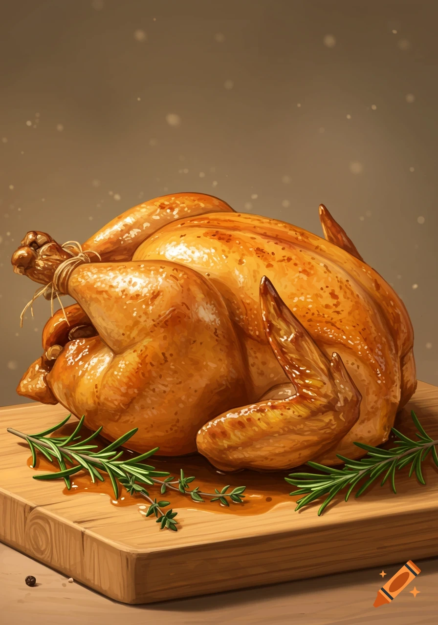 Digital illustration of a roasted chicken on a wooden cutting board with herbs.