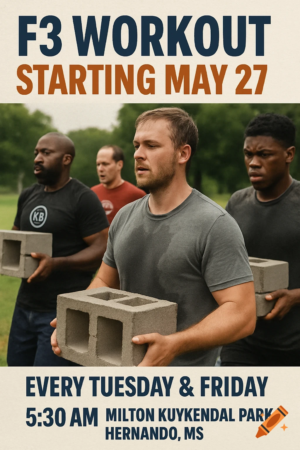 Men holding cinder blocks during an outdoor workout, text advertises F3 workout