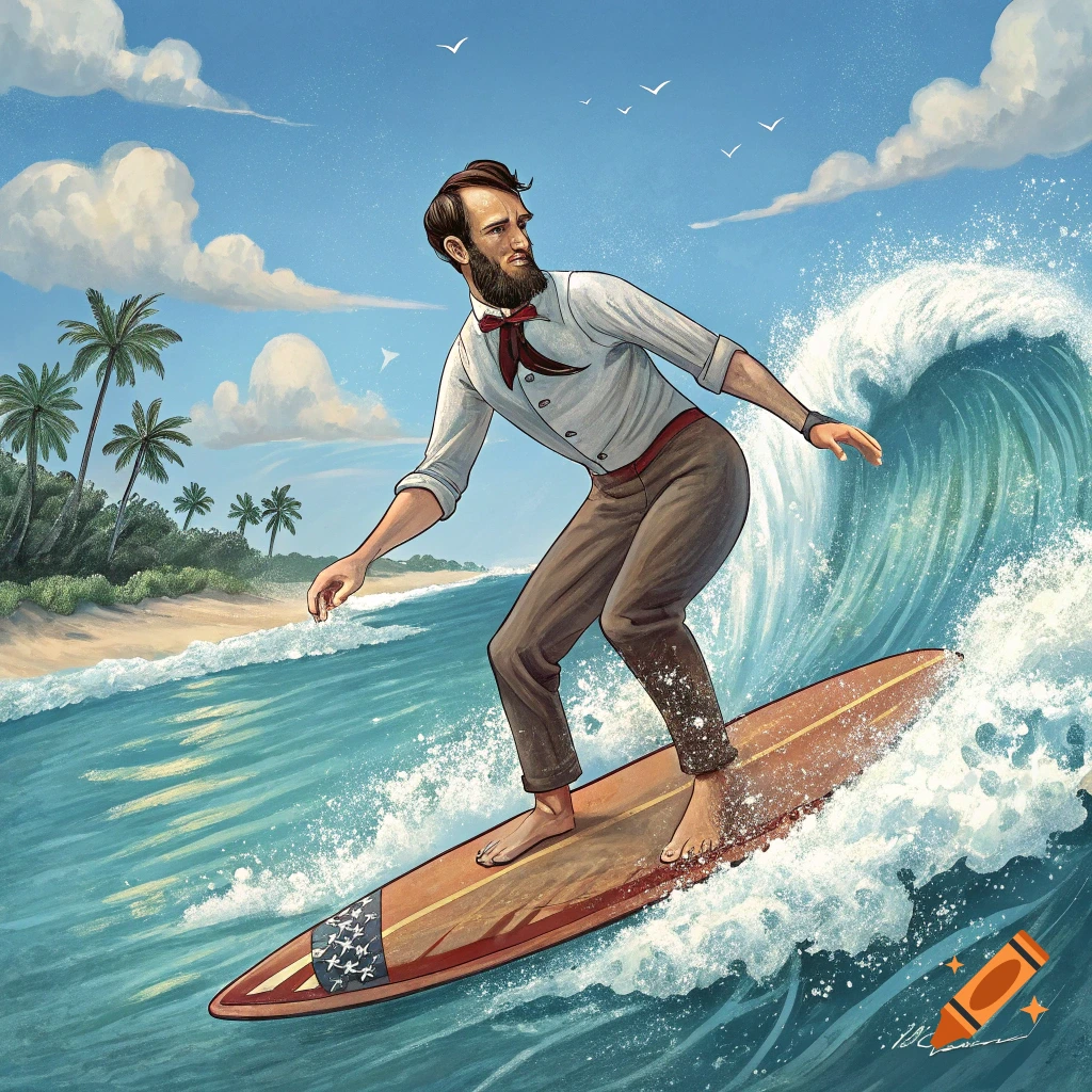 Illustration of Abraham Lincoln surfing a wave near a tropical beach with palm trees.