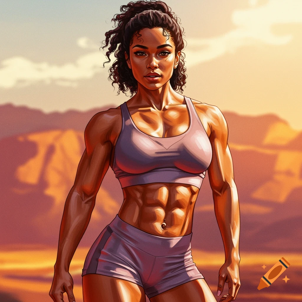 Stylized portrait of a very muscular woman in a sports bra and shorts, standing outdoors with mountains in the background.