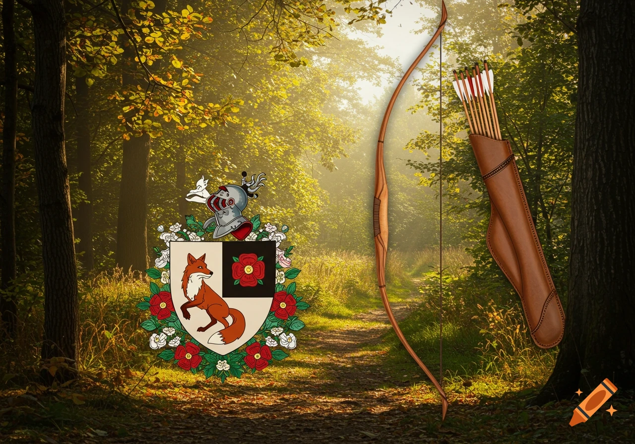 A coat of arms with a fox and roses in a sunlit forest with a longbow and quiver of arrows.