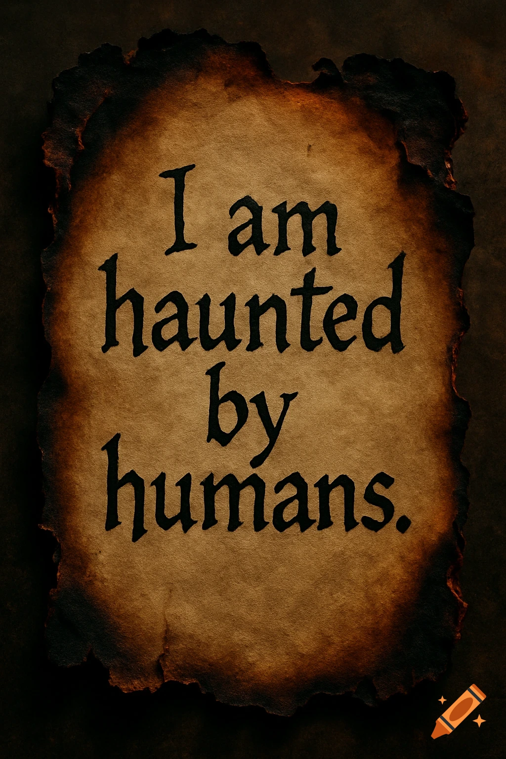 The text "I am haunted by humans." written in black on a piece of burnt paper.