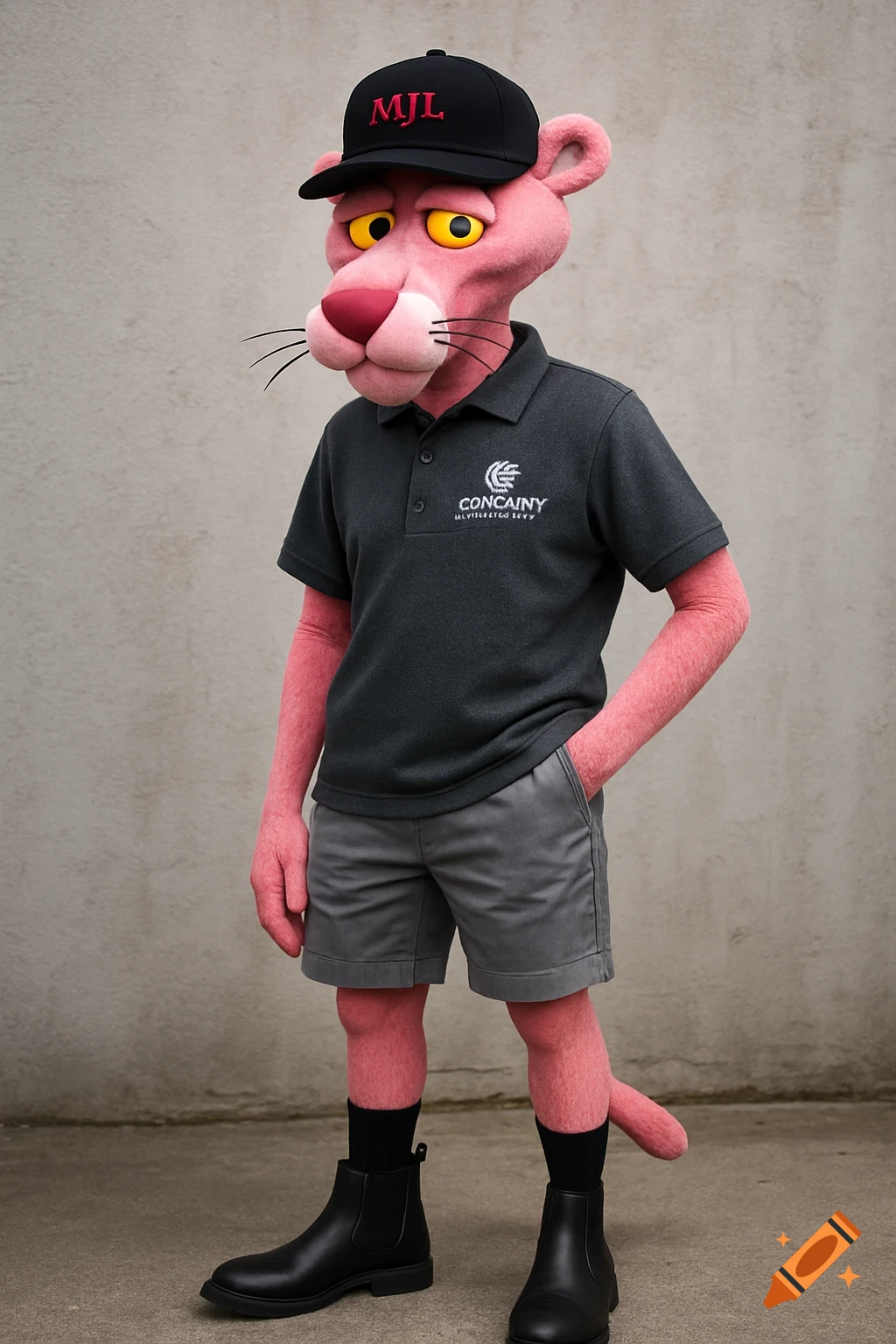 A pink panther mascot wearing a hat, polo shirt, shorts, and boots stands against a wall.