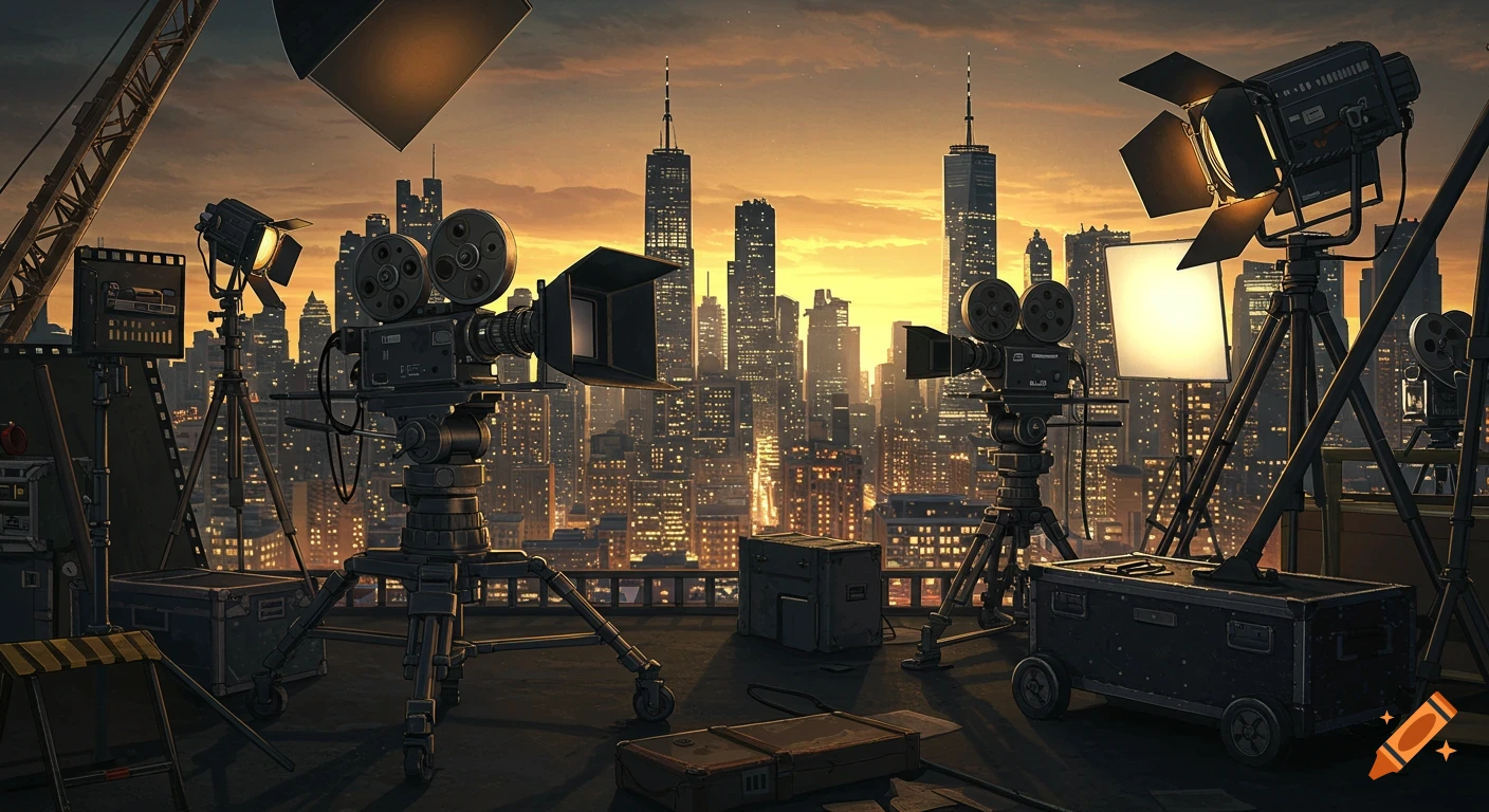 Movie cameras and lights on a rooftop overlooking a city skyline at sunset.