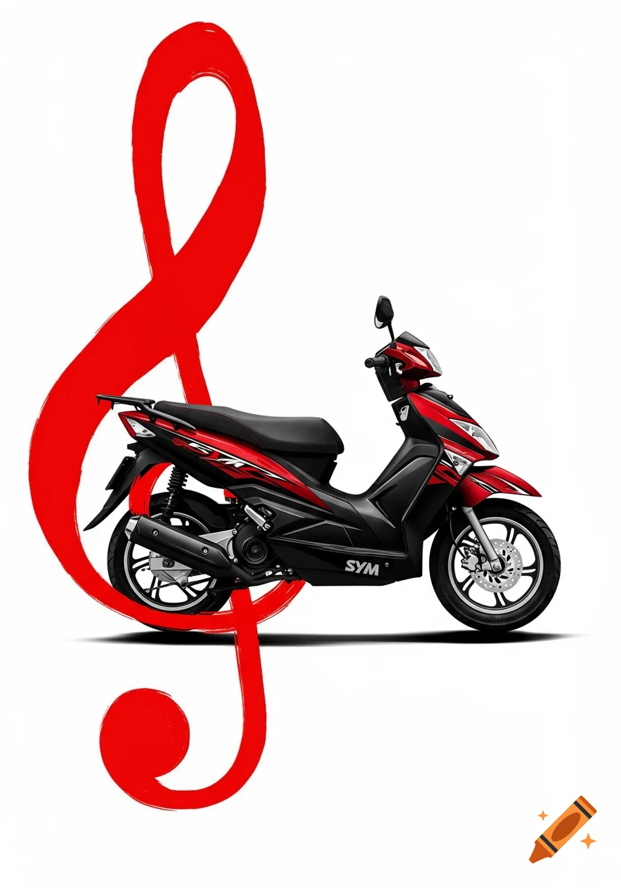 Red and black scooter next to a large red treble clef on white