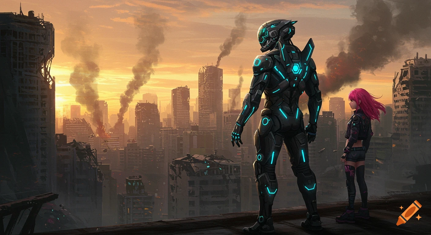 A robot and a person with pink hair stand on a rooftop overlooking a ruined city at sunset with smoke rising.