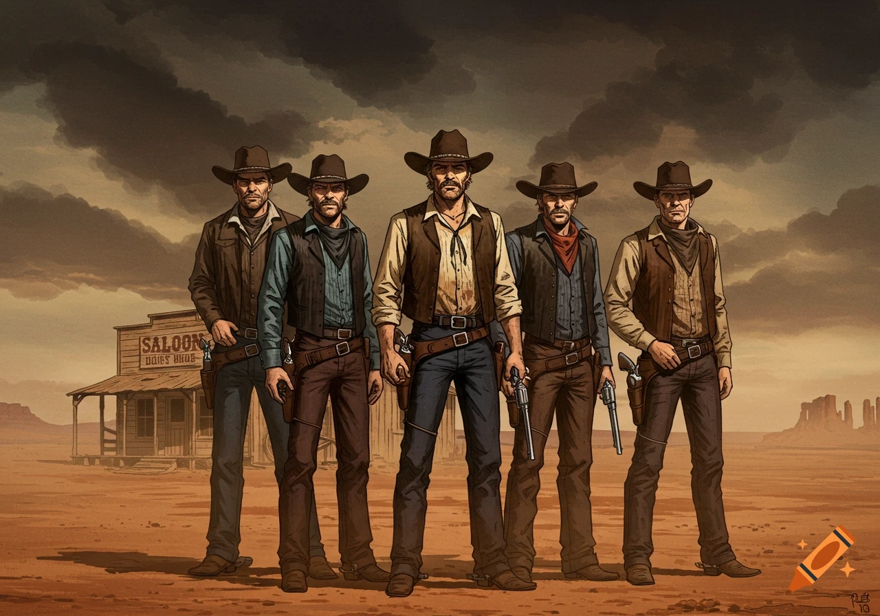Five cowboys stand armed in front of a saloon in a desert western illustration.