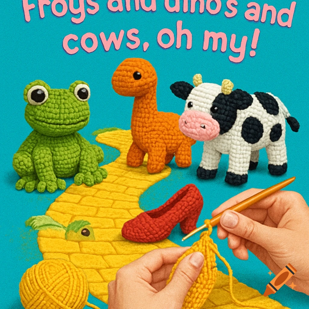 Crochet frog, dinosaur, and cow on a yellow brick road with a red shoe and hands crocheting.