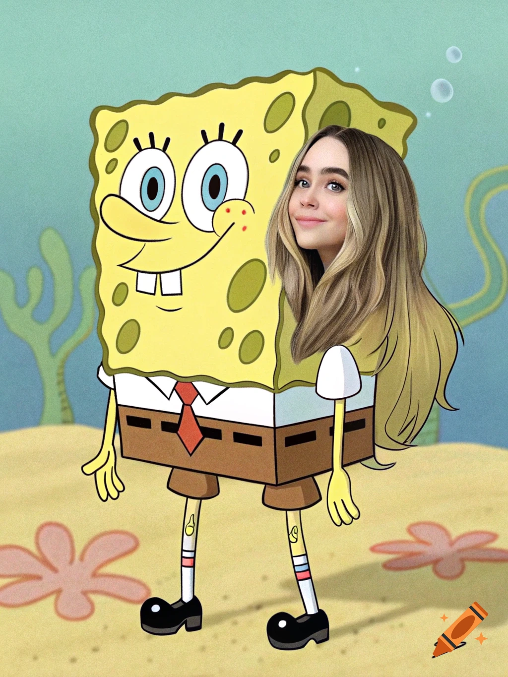 SpongeBob's cartoon body with Sabrina Carpenter's head and hair, standing in a cartoon underwater scene.
