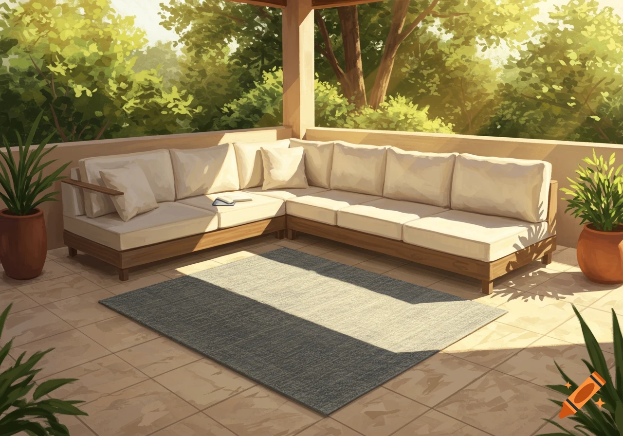 A sunny patio with an L-shaped outdoor sofa, a grey rug on tile, and green plants surrounded by trees.