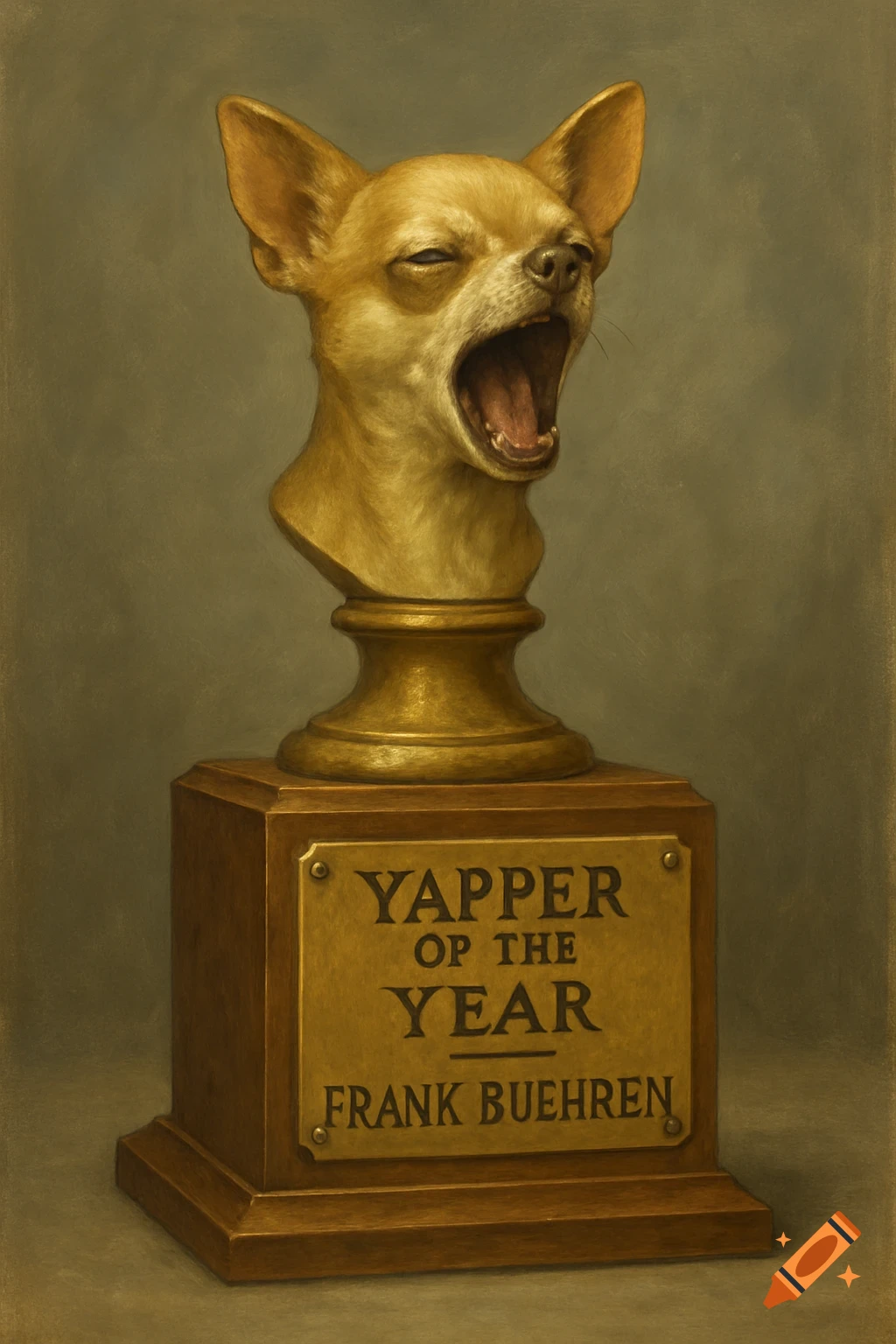 Painting of a golden chihuahua head trophy yawning on a wooden base with a plaque reading 'Yapper of the Year, Frank Buehren'.