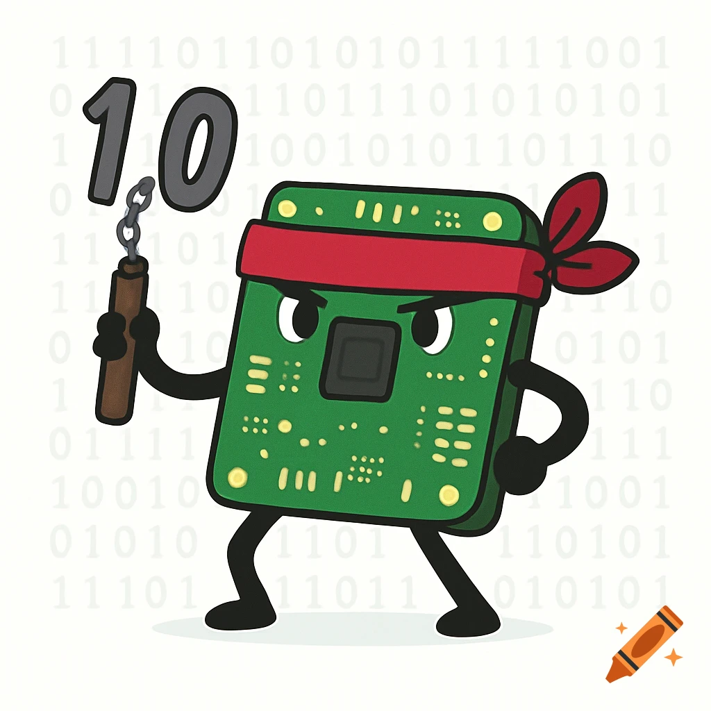 Cartoon circuit board character with red headband holding 10 nunchucks against a binary code background.