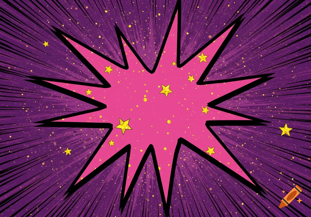 Pink comic book explosion shape with yellow stars on a purple background with speed lines.