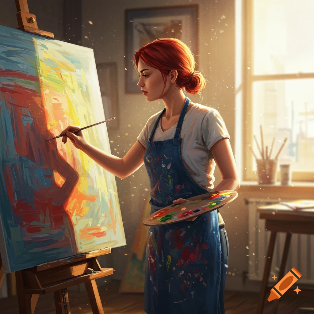 Woman artist painting on a canvas in a sunlit studio
