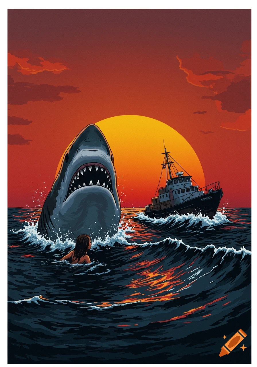 A giant shark with open jaws rises from the ocean next to a swimming woman and a boat during a sunset, in a movie poster style.