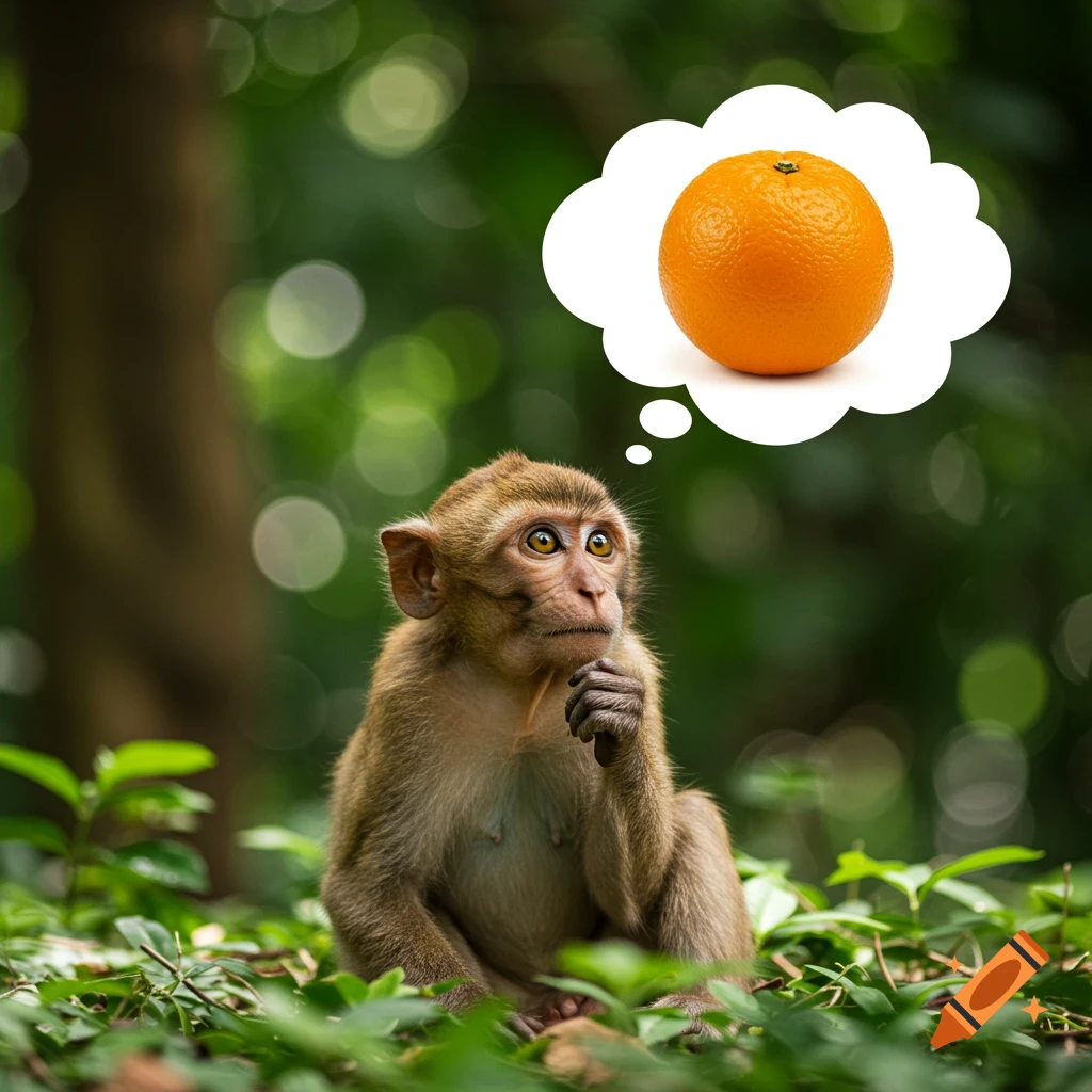 A monkey sits in a forest with a thought bubble containing an orange.