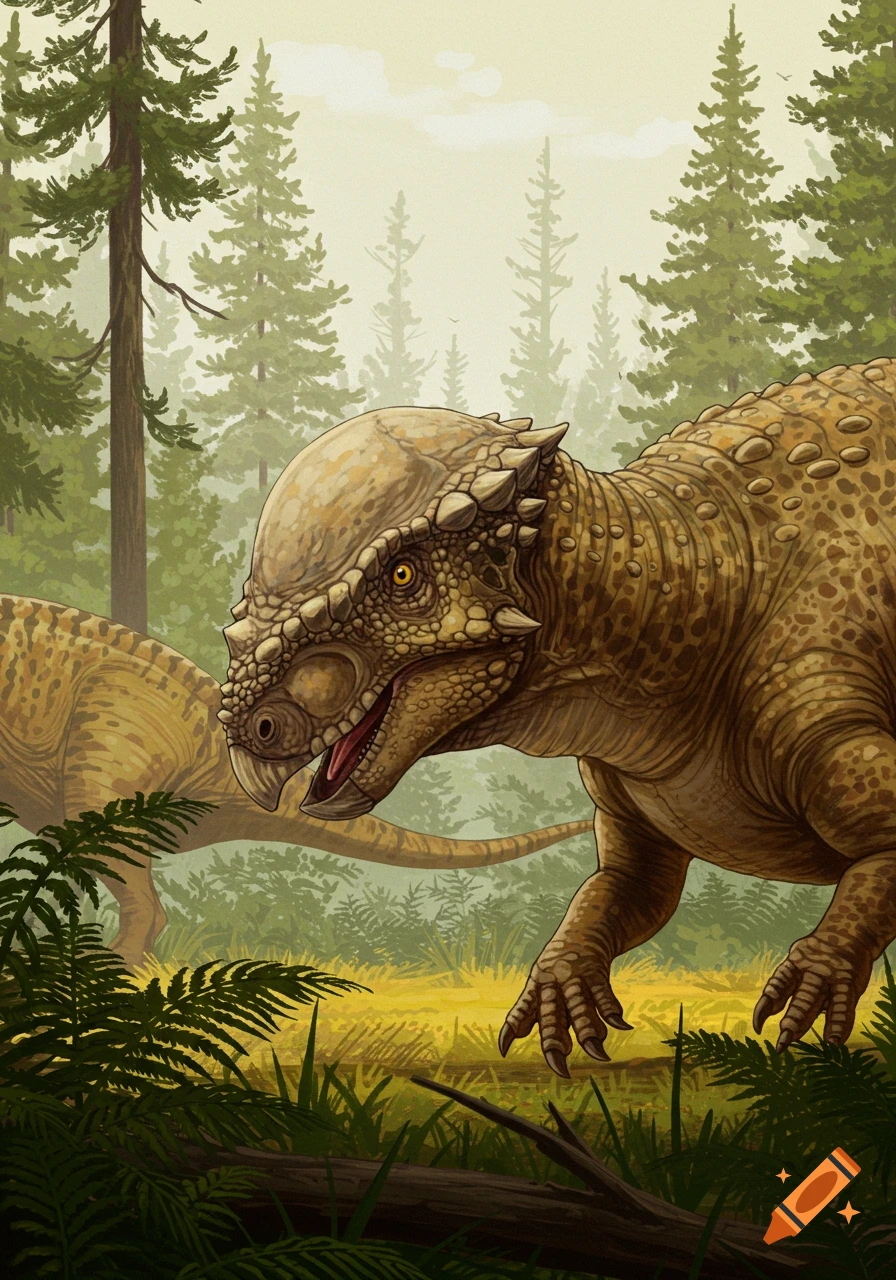 Close-up illustration of a Pachycephalosaurus dinosaur in a forest with another dinosaur behind it.