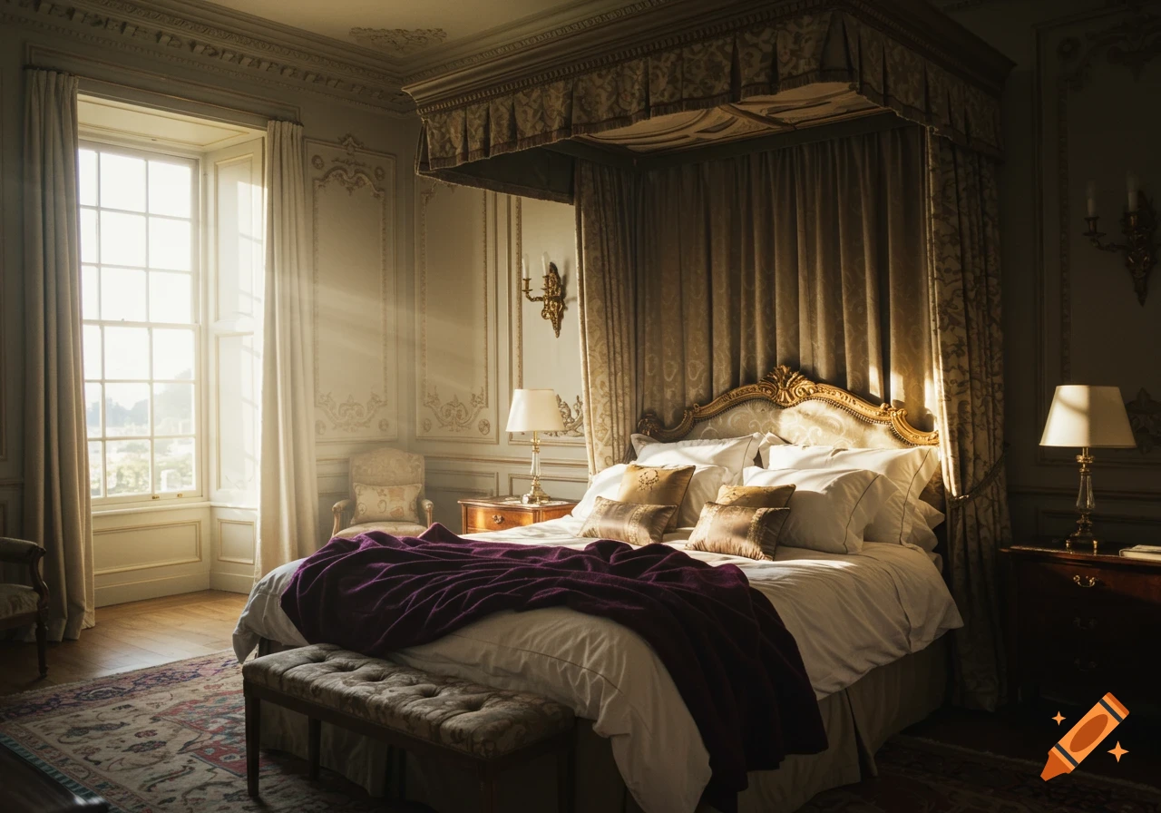 Luxurious bedroom with four-poster bed bathed in sunlight.