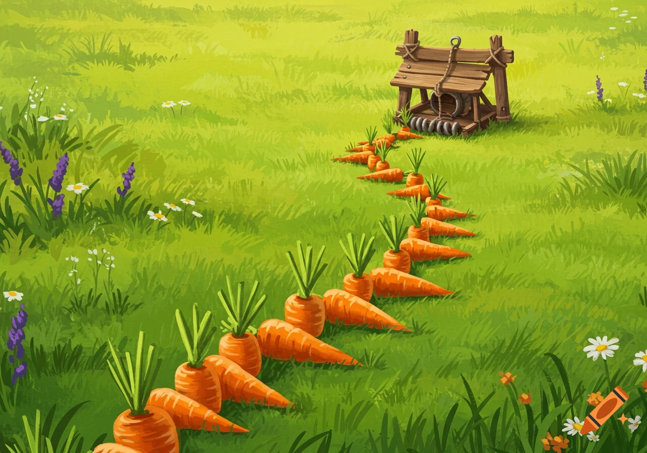 An illustrated trail of carrots leading to a wooden structure in a ...