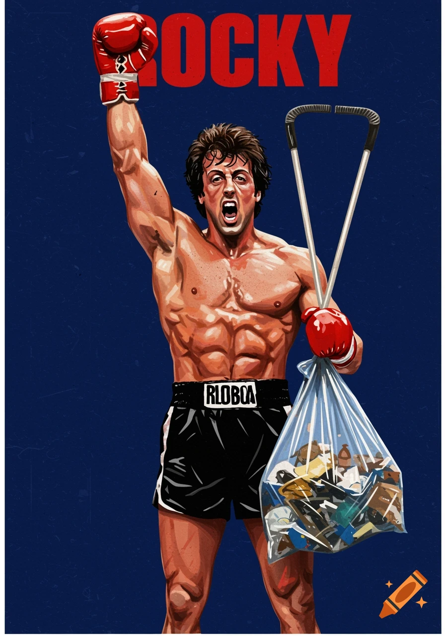 Poster illustration of Rocky Balboa holding a litter pick and trash bag with arm raised, text 'ROCKY' above.