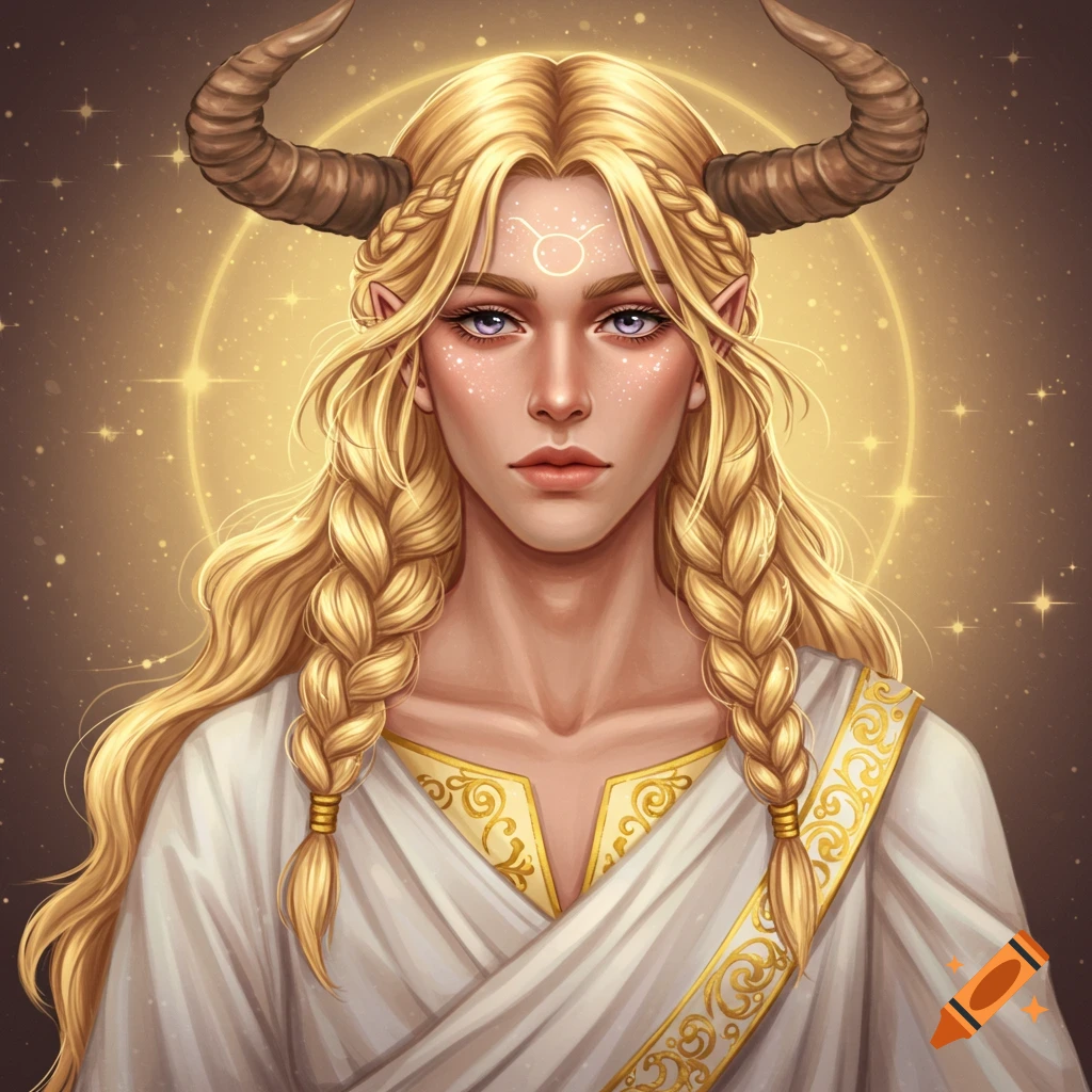 Stylized portrait of a person with long blonde braids, horns, and the Taurus zodiac symbol on their forehead against a starry gold background.