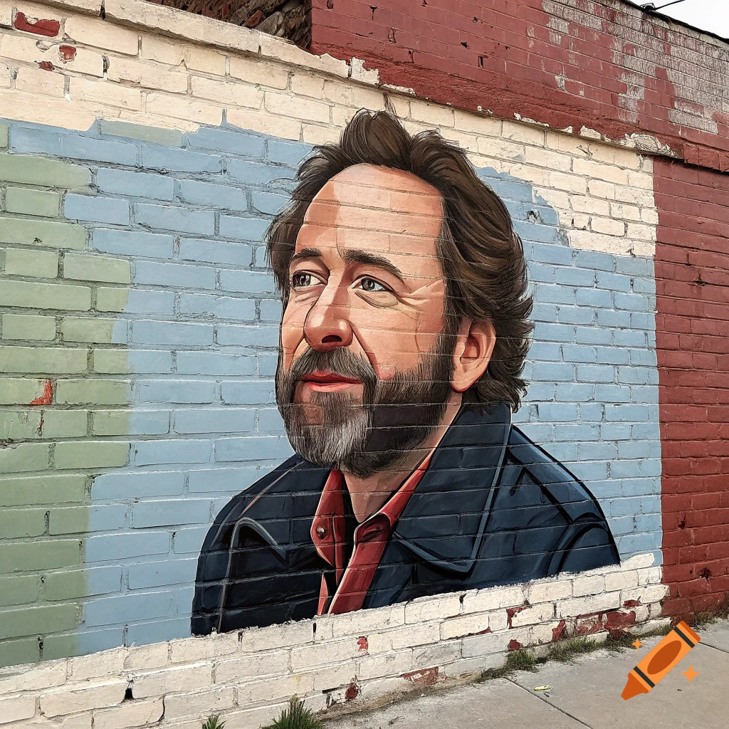 Mural painting of a man's portrait on a brick wall.