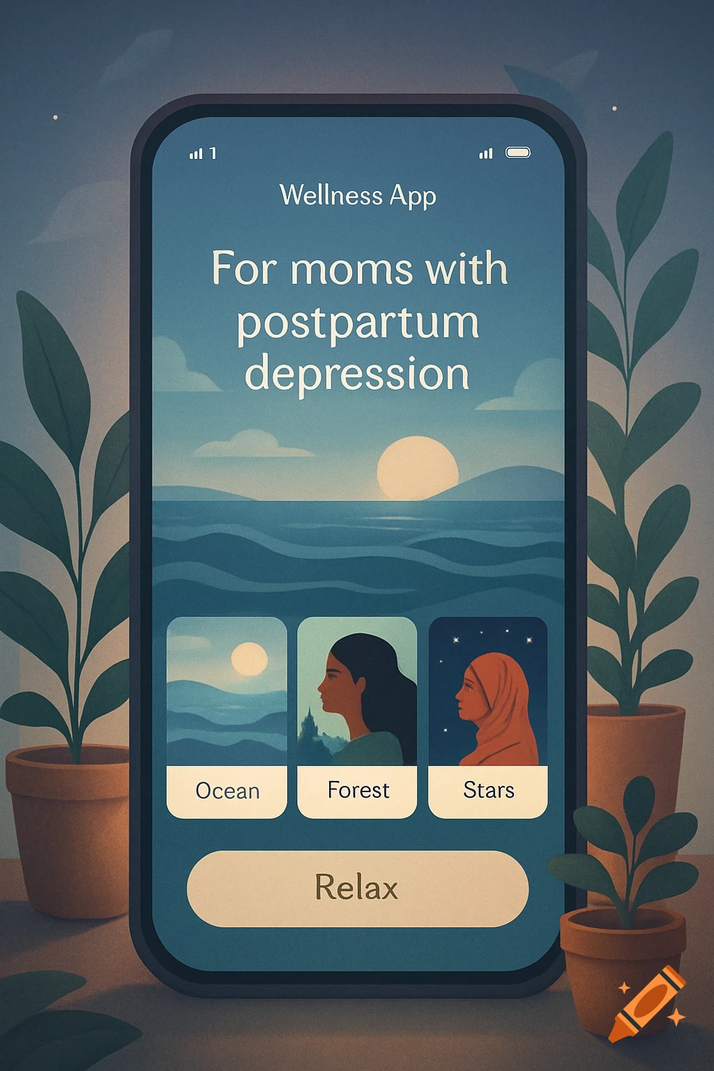Illustration of a wellness app interface for postpartum depression on a phone, with calming themes and potted plants.