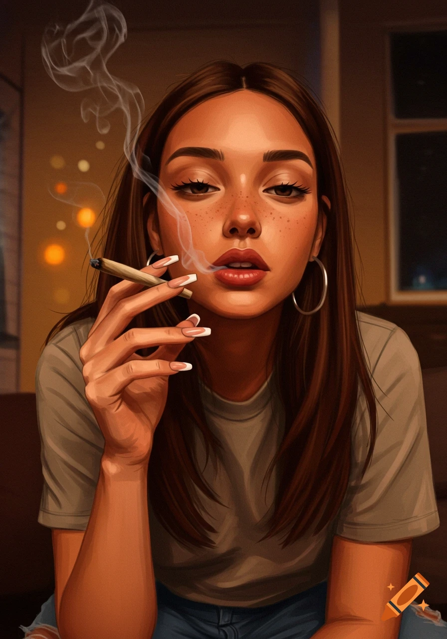 Realistic illustration of a young woman with french tip nails smoking.