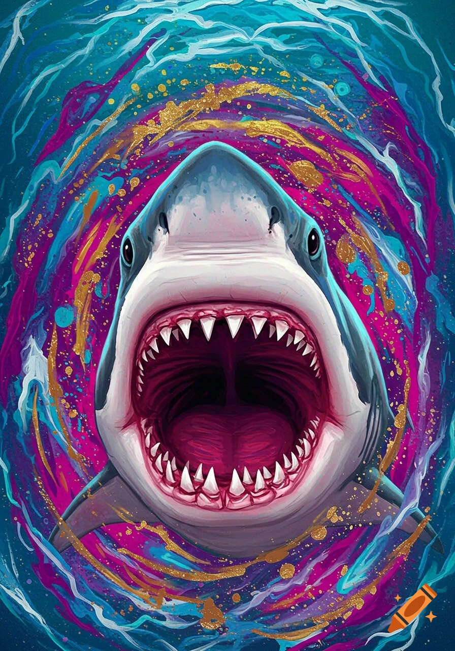 Close-up of a shark with mouth open against swirling abstract art background with gold splatters