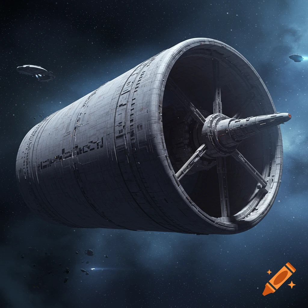 A large, cylindrical spaceship, resembling the Rama vessel, floats in deep space surrounded by stars and smaller spacecraft.