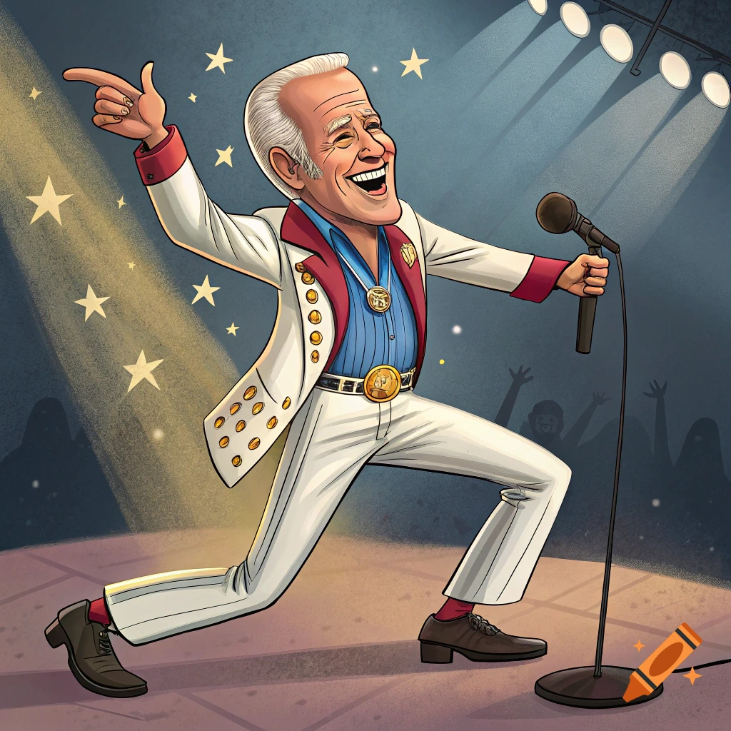 Cartoon of Joe Biden in an Elvis costume performing on stage