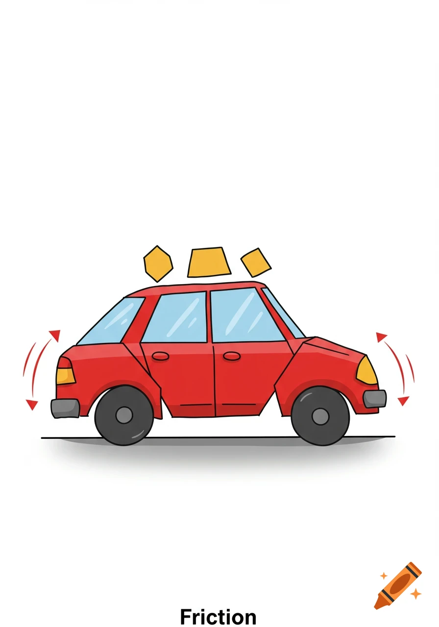 A cartoon red car with geometric shapes and arrows, labeled 'Friction'.