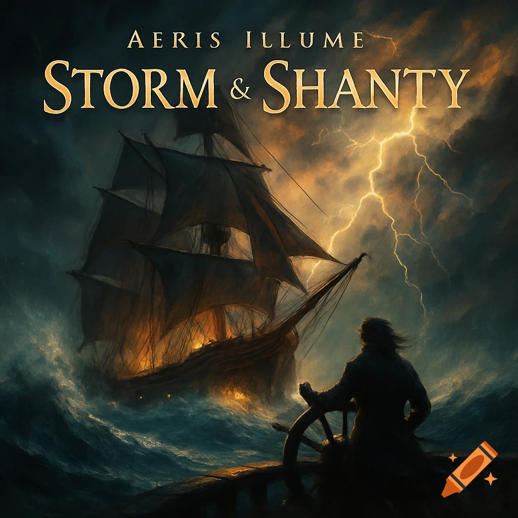 A dramatic painting of a sailing ship in a violent storm with lightning, waves, and a silhouetted figure at the helm. Text reads "Aeris Illume Storm & Shanty".
