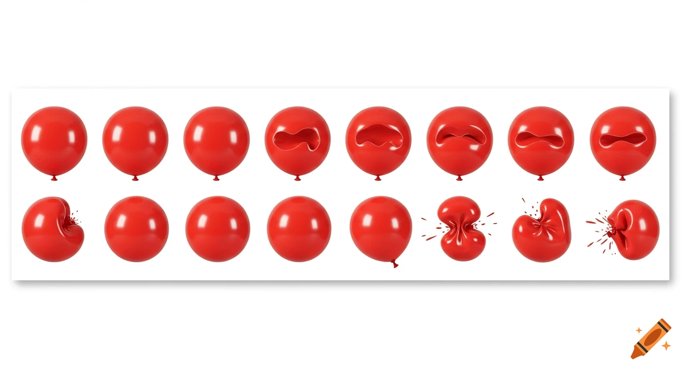 A sequence of red balloons popping, shown side-by-side in two rows.